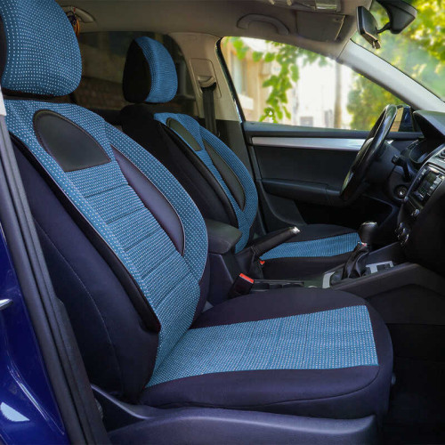 Set huse scaune auto compatibile LAND ROVER Freelander II 2006-2014 (4 usi) - Racing - Culoare: negru + albastru